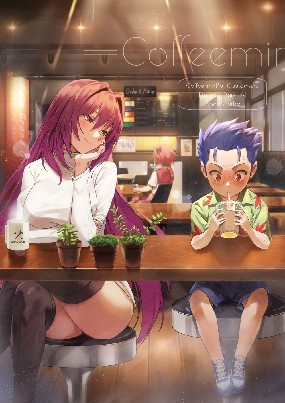 2boys age_difference astolfo_(fate) black_legwear blue_hair blush breasts cafe chin_rest crossed_legs drinking fate/grand_order fate_(series) highres lancer large_breasts long_hair looking_at_another multiple_boys nose_blush plant potted_plant purple_hair rainmaker red_eyes ribbed_sweater scathach_(fate)_(all) scathach_(fate/grand_order) shorts sitting smile stool sweater thighhighs thighs very_long_hair white_sweater younger