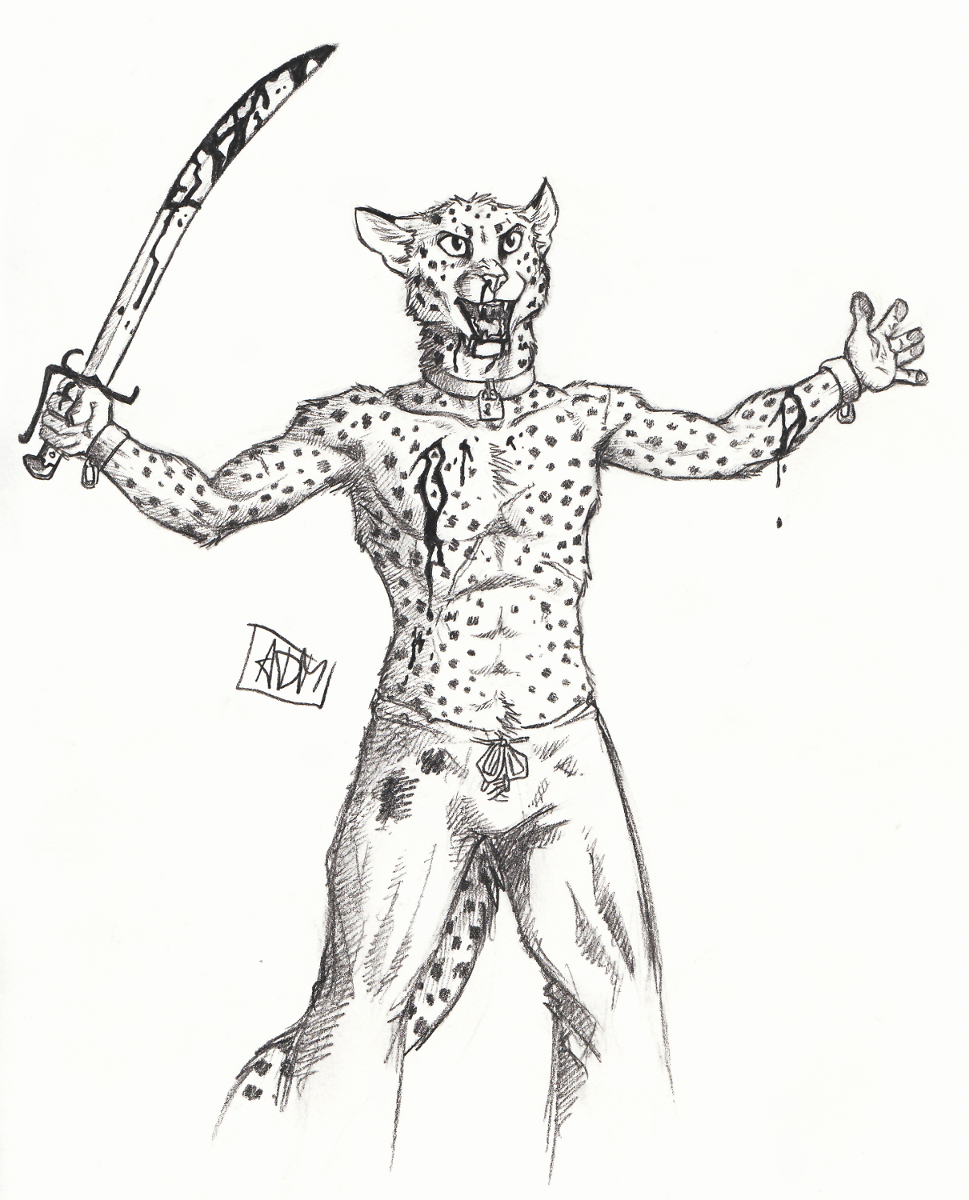 0laffson 2018 anthro blood cheetah clothed clothing feline holding_object holding_weapon male mammal melee_weapon open_mouth simple_background sketch solo sword teeth tongue topless traditional_media_(artwork) weapon white_background