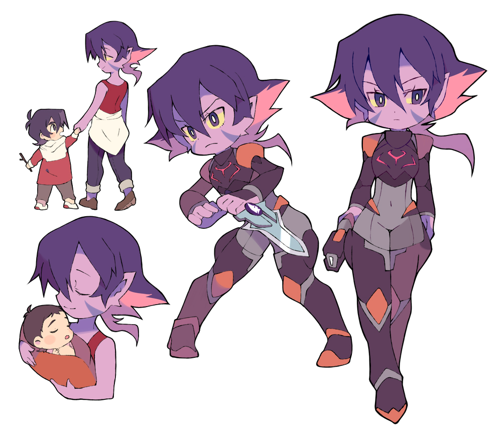 1girl baby black_hair bodysuit child closed_eyes facial_mark grey_eyes holding_hands keith_(voltron) krolia miyata_(lhr) mother_and_son multicolored_hair pink_hair pointy_ears purple_eyes purple_hair purple_skin smile spoilers two-tone_hair voltron:_legendary_defender yellow_sclera younger
