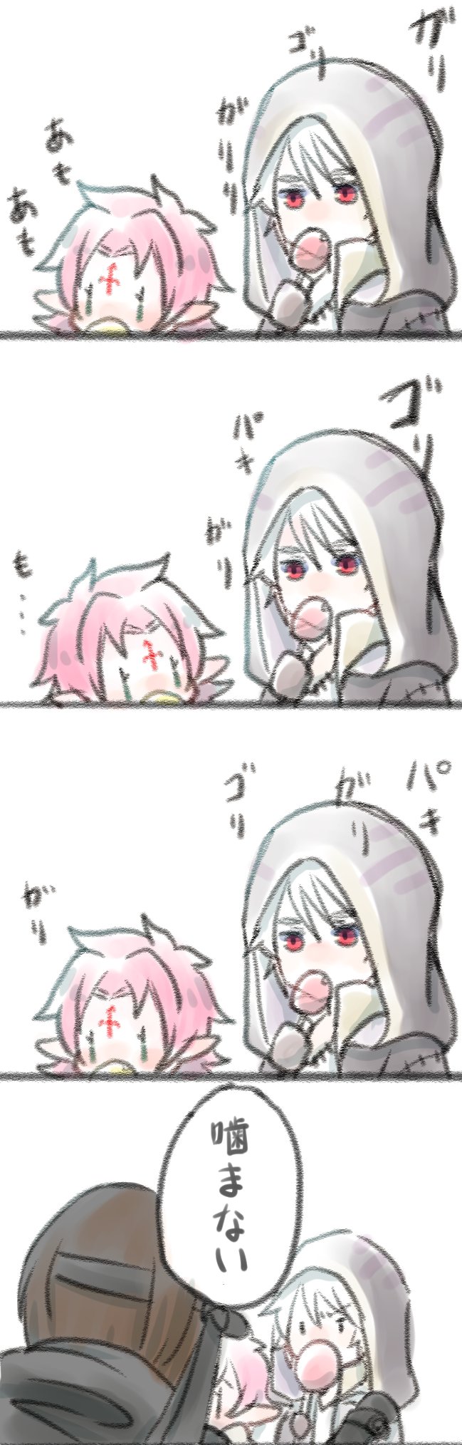 2boys comic commentary_request dango_2go fa facial_mark fire_emblem fire_emblem:_fuuin_no_tsurugi fire_emblem:_kakusei fire_emblem_heroes forehead_mark from_behind gaia_(fire_emblem) gimurei gloves highres hood hood_up male_my_unit_(fire_emblem:_kakusei) mamkute multiple_boys my_unit_(fire_emblem:_kakusei) orange_hair pointy_ears purple_hair red_eyes short_hair white_hair