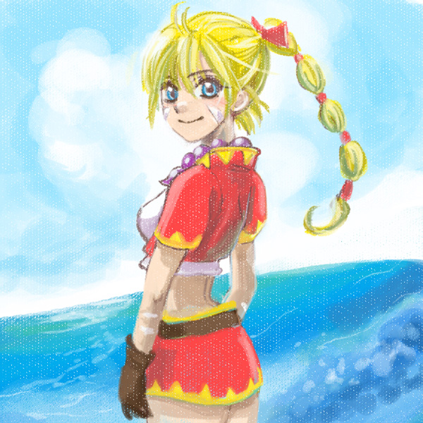 bandages beads blonde_hair blue_eyes bow breasts brown_gloves chrono_cross closed_mouth commentary_request crop_top cropped_jacket gloves hair_bow hair_tie high_ponytail jewelry kanauta kid_(chrono_cross) long_hair looking_at_viewer midriff multi-tied_hair necklace ocean ponytail skirt smile solo vest