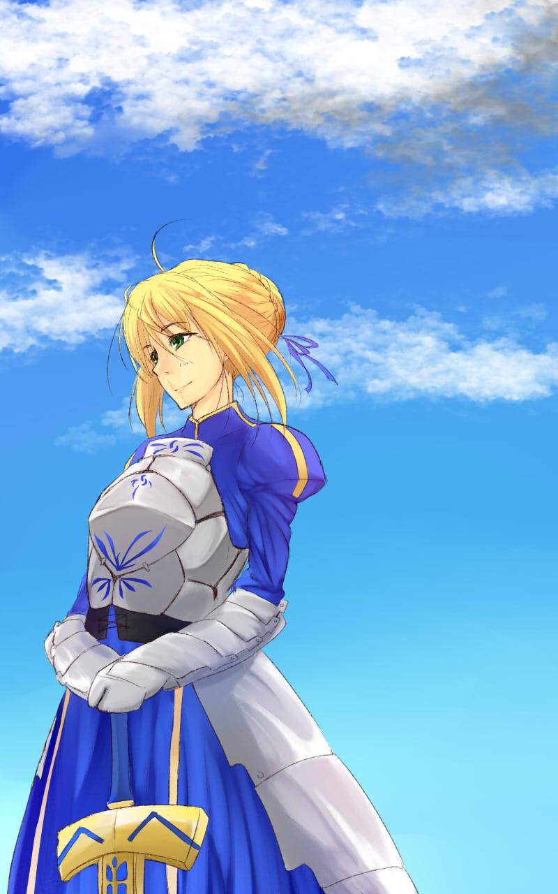 ahoge armor artoria_pendragon_(all) blonde_hair blue_ribbon blue_sky braid breasts cloud day excalibur eyebrows_visible_through_hair fate/stay_night fate_(series) french_braid green_eyes highres honest_(honenano) juliet_sleeves long_sleeves planted_sword planted_weapon puffy_sleeves ribbon saber short_hair sky smile solo sword weapon