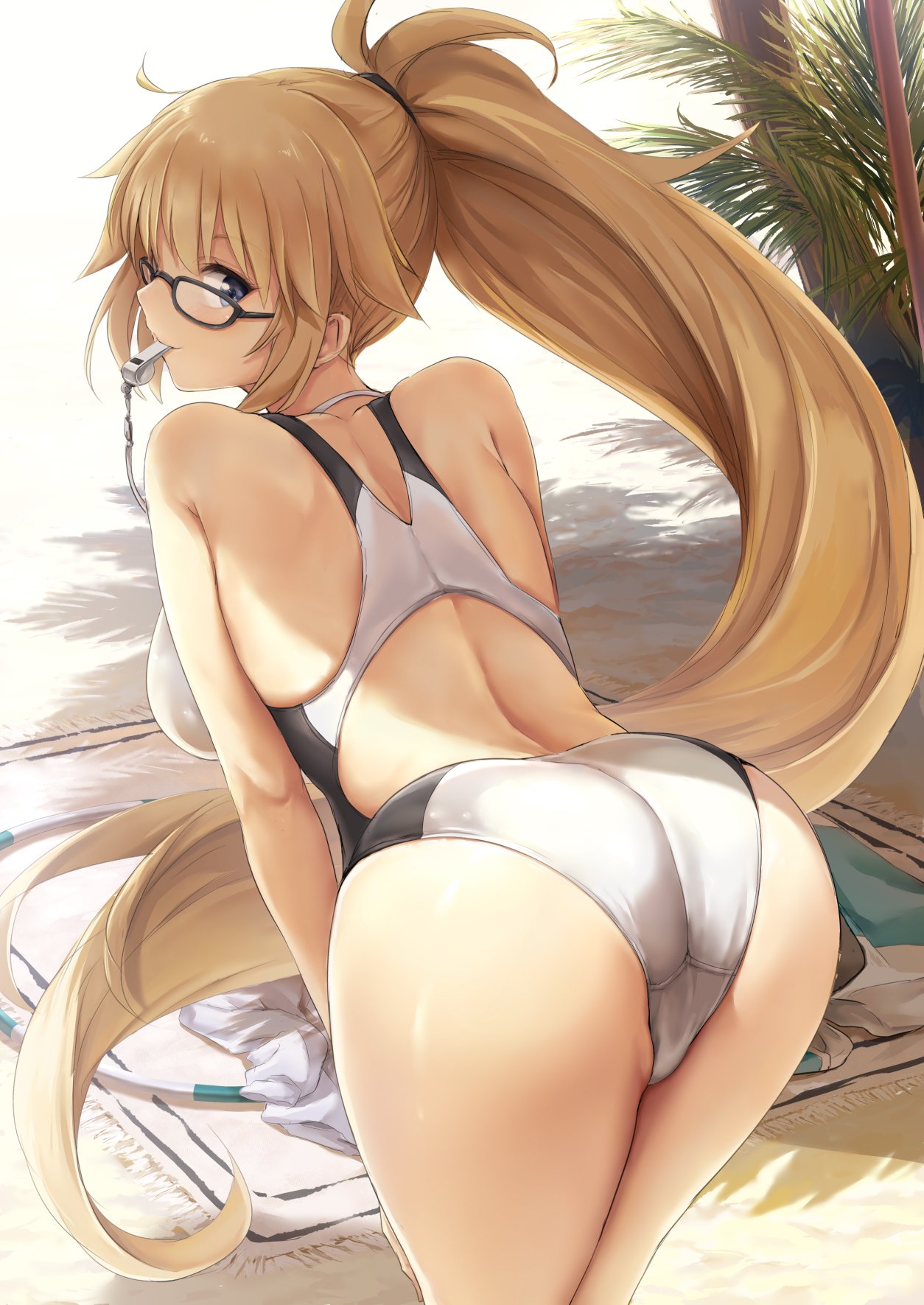akita_hika ass back bangs bare_shoulders black-framed_eyewear blonde_hair blue_eyes blush breasts commentary_request competition_swimsuit fate/grand_order fate_(series) from_behind glasses hair_between_eyes highres hips jeanne_d'arc_(fate)_(all) jeanne_d'arc_(swimsuit_archer) large_breasts leaning_forward long_hair looking_at_viewer looking_back mouth_hold one-piece_swimsuit palm_tree ponytail shade solo swimsuit thighs tree very_long_hair whistle whistle_around_neck white_background white_swimsuit