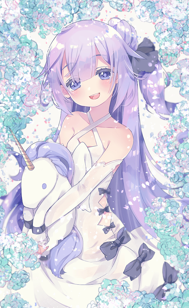 :d ahoge azur_lane bangs bare_shoulders black_bow black_ribbon blurry blush bow collarbone commentary_request criss-cross_halter depth_of_field detached_sleeves doll_hug dress eyebrows_visible_through_hair floral_background flower green_flower green_rose hair_between_eyes hair_bun hair_ribbon halterneck head_tilt highres long_hair long_sleeves looking_at_viewer object_hug one_side_up open_mouth pikomarie purple_eyes purple_hair ribbon rose side_bun side_cutout sleeves_past_wrists smile solo stuffed_alicorn stuffed_animal stuffed_toy unicorn_(azur_lane) upper_teeth v_arms very_long_hair white_background white_dress