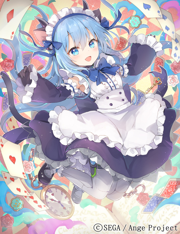:d ange_vierge animal_ears apron black_footwear black_gloves blue_bow blue_eyes blue_hair blush bow card cat_ears cat_tail chain company_name copyright_name detached_sleeves flower full_body gloves hair_bow long_hair maid official_art omega_47_toto open_mouth playing_card rose shamonor smile tail watch white_legwear wide_sleeves
