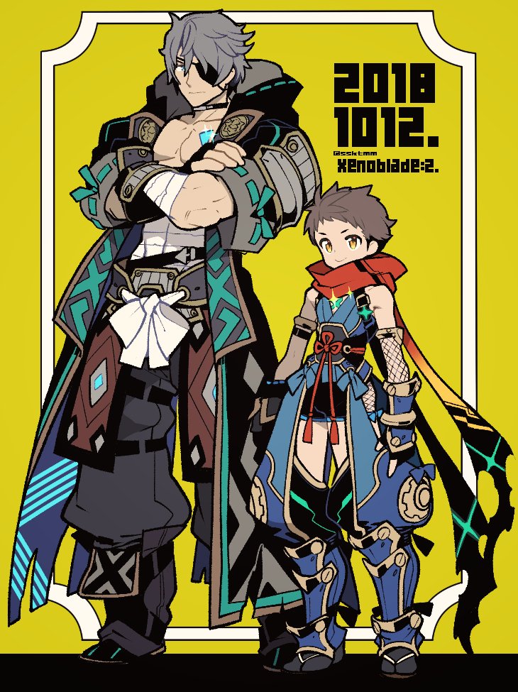 armor eyepatch fujimoto_hideaki gloves looking_at_viewer male_focus multiple_boys ninja rex_(xenoblade_2) scarf short_hair simple_background smile xenoblade_(series) xenoblade_2 yellow_eyes zeke_b_arutimetto_genbu