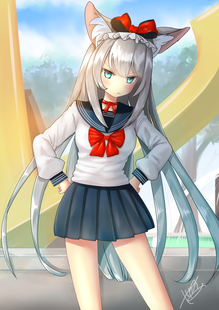 :t alternate_costume animal_ear_fluff animal_ears azur_lane bangs blue_sailor_collar blue_skirt blue_sky blush bow breasts cat_ears choker closed_mouth cloud cloudy_sky commentary_request day eyebrows_visible_through_hair green_eyes hair_bow hammann_(azur_lane) hands_on_hips leaning_to_the_side long_hair long_sleeves outdoors pleated_skirt pout puffy_long_sleeves puffy_sleeves red_bow red_choker ribbon_choker sailor_collar sakurai_kouji school_uniform serafuku sidelocks signature silver_hair skirt sky small_breasts solo standing tsurime v-shaped_eyebrows very_long_hair