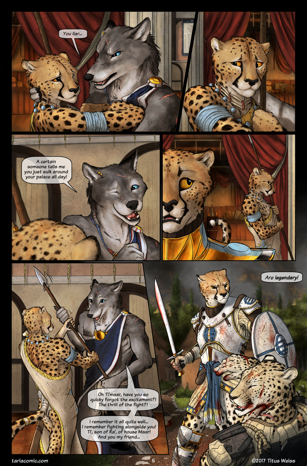 2017 anthro armor blood canine cheetah comic detailed_background dialogue english_text facial_scar feline leopard mammal melee_weapon pawpads polearm scar shield spear sword text titusw weapon wolf