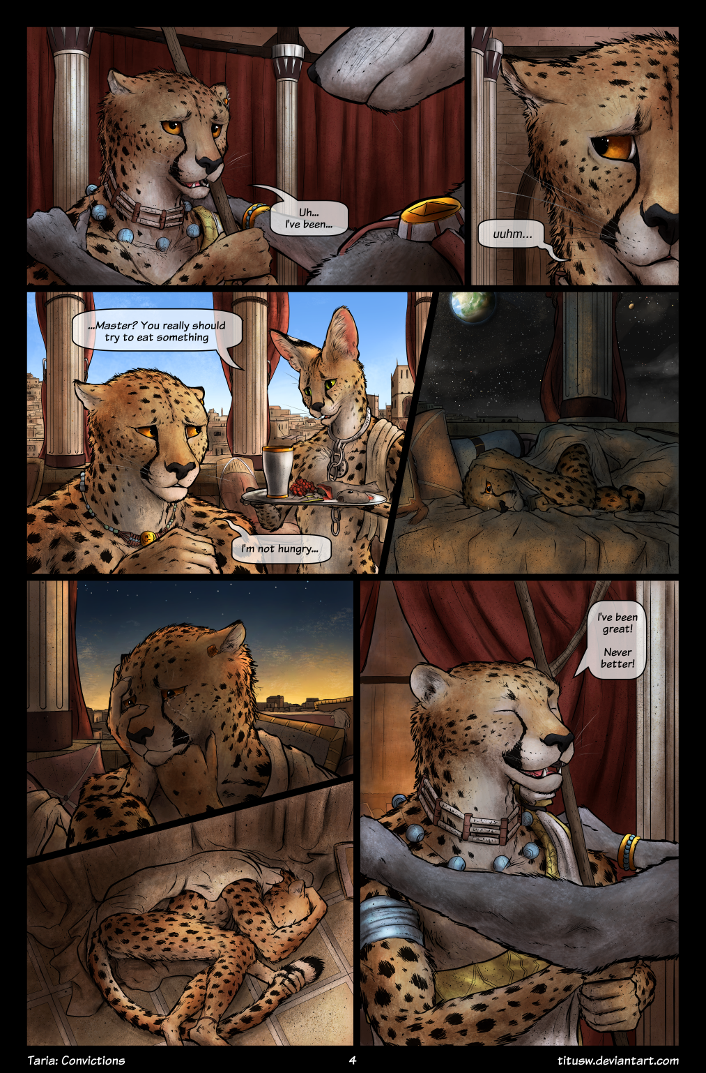 2016 anthro canine cheetah comic detailed_background dialogue english_text feline inside jewelry mammal melee_weapon polearm serval spear text titusw weapon wolf