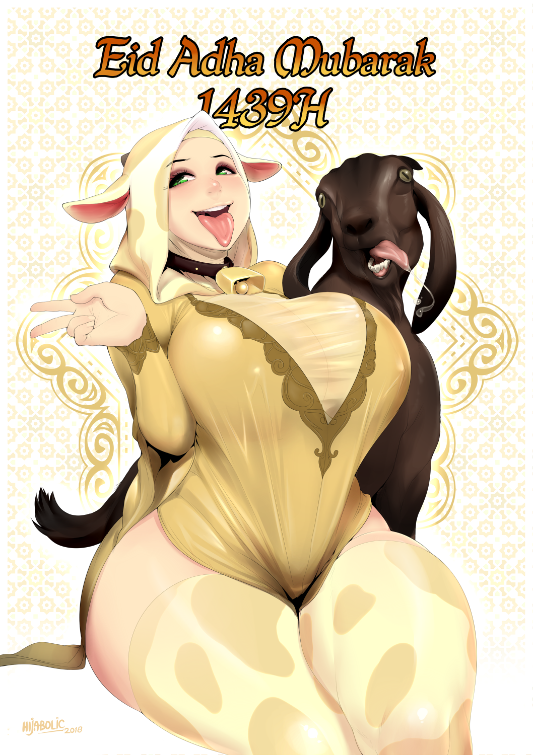 bell bell_collar blush breasts collar goat goat_hood goat_tail green_eyes highres hijab huge_breasts looking_at_viewer muslim open_mouth original saliva thick_thighs thighhighs thighs tongue tongue_out v zephyr_aile