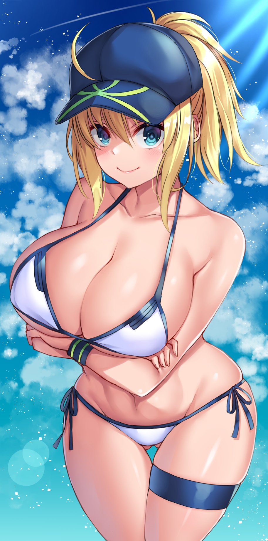 ahoge artoria_pendragon_(all) ass_visible_through_thighs bangs bare_shoulders baseball_cap beeyan bikini blonde_hair blue_eyes blue_hat blue_sky blush breast_hold breasts cleavage closed_mouth collarbone commentary_request crossed_arms day fate/grand_order fate_(series) hair_between_eyes hair_through_headwear hat highres hips large_breasts long_hair looking_at_viewer mysterious_heroine_xx_(foreigner) navel ponytail side-tie_bikini sky smile solo swimsuit thigh_strap thighs white_bikini wristband