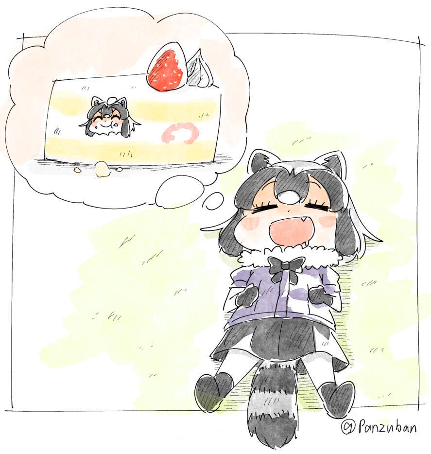:d ^_^ animal_ears artist_name black_skirt blush cake chibi closed_eyes commentary common_raccoon_(kemono_friends) dreaming drooling eating fang food fruit fur_collar in_food kemono_friends lying on_back open_mouth oversized_food pantyhose panzuban raccoon_ears raccoon_tail skirt sleeping smile solo strawberry tail twitter_username