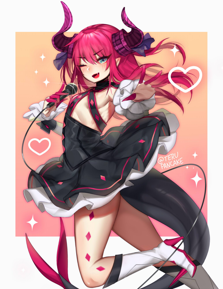 ;d artist_name blue_eyes blue_ribbon boots breasts dress elizabeth_bathory_(fate) elizabeth_bathory_(fate)_(all) eyebrows_visible_through_hair eyes_visible_through_hair fang fate/grand_order fate_(series) gradient gradient_background hair_ribbon heart high_heel_boots high_heels holding holding_microphone horns knee_boots long_hair looking_at_viewer microphone one_eye_closed open_mouth outstretched_arm pink_hair pointy_ears ribbon simple_background small_breasts smile solo sparkle tail terupancake twitter_username v-shaped_eyebrows wrist_cuffs
