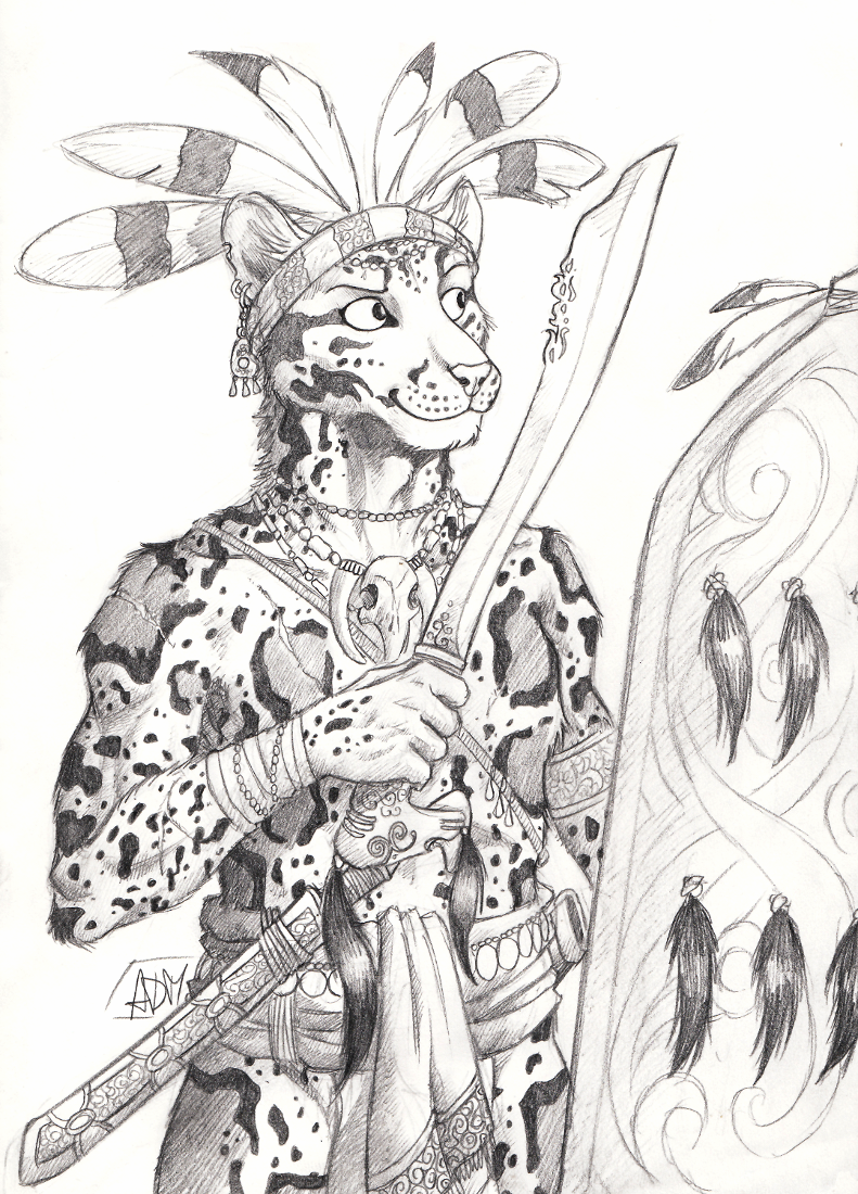 0laffson 2018 5_fingers anthro clothed clothing clouded_leopard feline holding_object holding_weapon male mammal melee_weapon shield sketch solo sword traditional_media_(artwork) tribal weapon