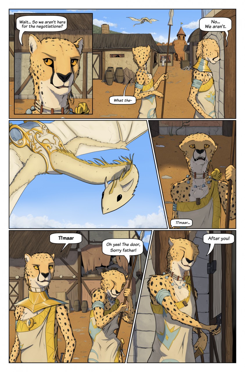2016 anthro cheetah clothed clothing comic detailed_background dialogue dragon english_text feline jewelry mammal melee_weapon necklace polearm spear text titusw weapon