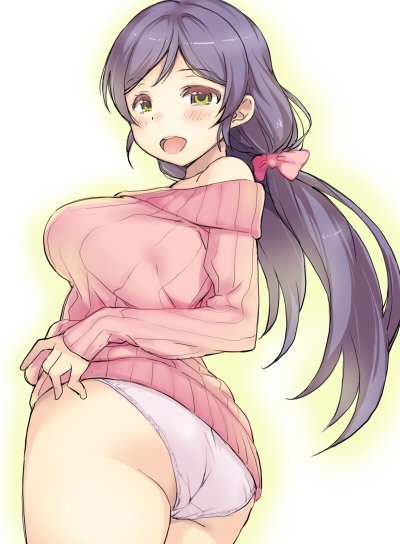 :d ass blush bow breasts deyuuku green_eyes hair_bow large_breasts long_sleeves looking_at_viewer looking_back love_live! love_live!_school_idol_project no_pants off-shoulder_sweater open_mouth panties pink_bow pink_sweater purple_hair smile solo sweater toujou_nozomi twintails underwear white_panties