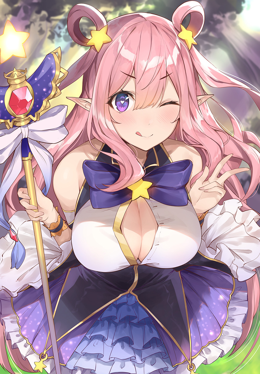 ;q bangs bare_shoulders blue_skirt blurry blurry_background blush bow breasts character_request cleavage closed_mouth commentary_request corset detached_sleeves gem hair_between_eyes hair_ornament hair_rings heart heart-shaped_pupils highres holding holding_wand large_breasts layered_skirt leaning_forward long_hair long_sleeves looking_at_viewer magical_girl no_bra one_eye_closed outdoors pink_hair pointy_ears princess_connect!_re:dive purple_bow purple_eyes purple_neckwear shiny shiny_hair skirt smile solo star star_hair_ornament symbol-shaped_pupils tongue tongue_out tree unbuttoned v v-shaped_eyebrows wand wavy_hair white_bow wide_sleeves wristband yaman