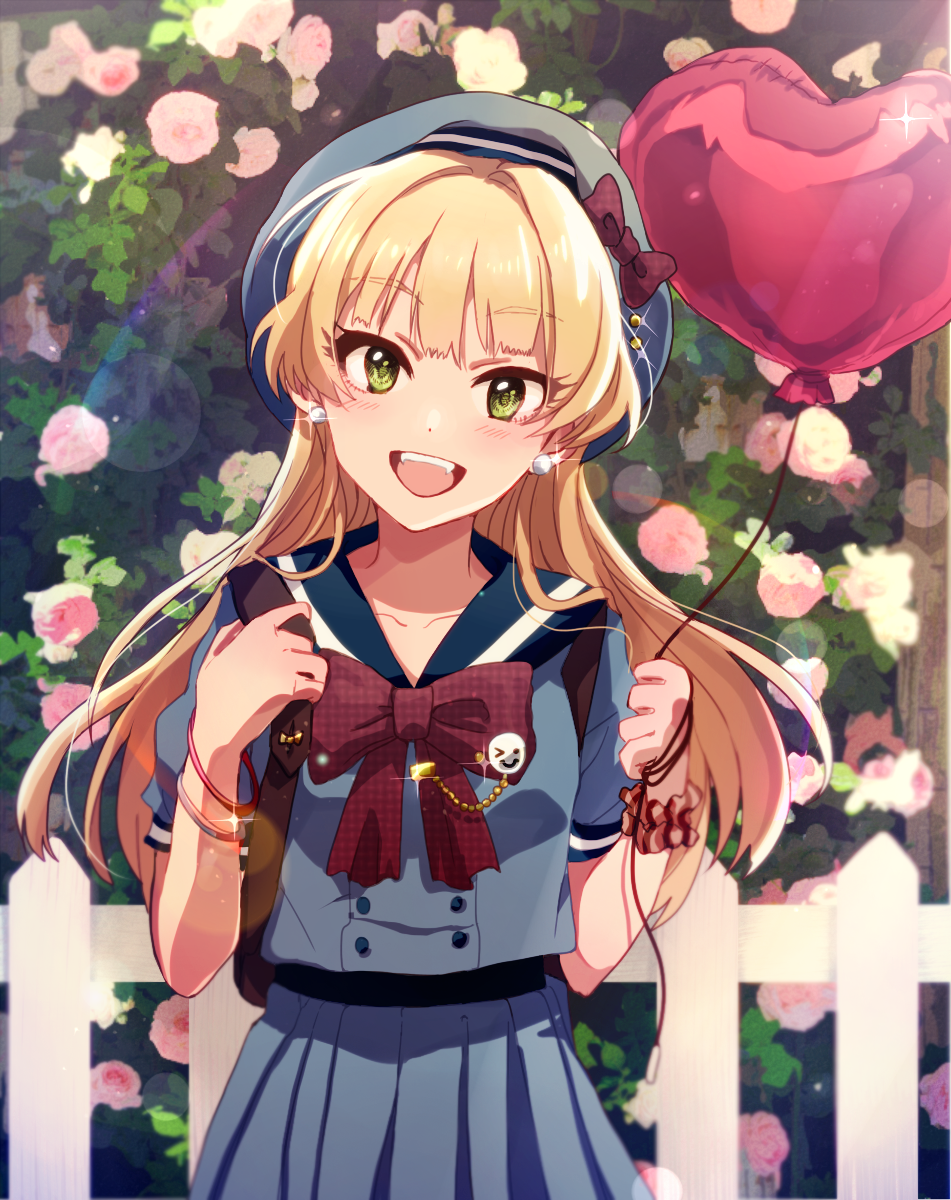 :d anaroguya balloon blonde_hair bow bowtie bracelet collarbone day earrings eyebrows_visible_through_hair floating_hair flower green_eyes grey_hat grey_shirt grey_skirt hat hat_bow head_tilt heart_balloon highres holding holding_balloon idolmaster idolmaster_cinderella_girls jewelry jougasaki_rika lens_flare long_hair looking_at_viewer miniskirt open_mouth outdoors pink_flower pleated_skirt red_bow sailor_collar school_uniform shiny shiny_hair shirt short_sleeves skirt smile solo sparkle standing wrist_cuffs