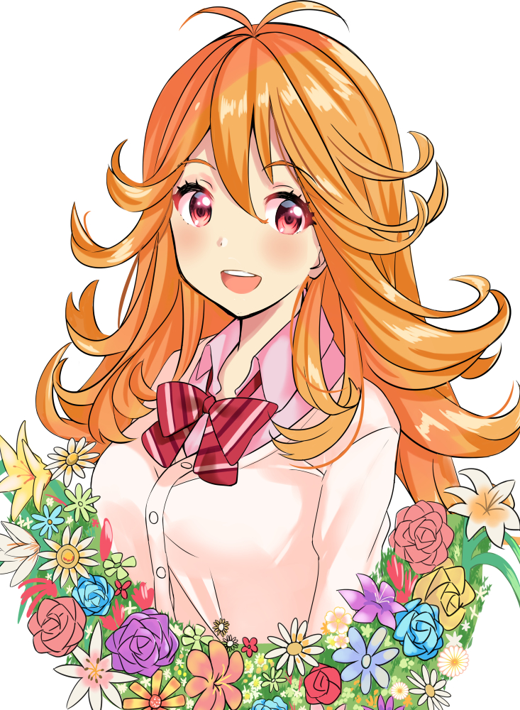 :d antenna_hair blonde_hair blue_flower blue_rose bow bowtie daisy eyebrows_visible_through_hair flower hair_between_eyes hibiscus koukoku long_hair looking_at_viewer open_mouth pink_shirt purple_flower purple_rose red_bow red_eyes red_flower red_rose rose school_uniform shiny shiny_hair shirt simple_background smile solo striped striped_bow tokyo_7th_sisters upper_body usuta_sumire white_background white_cardigan white_flower yellow_flower yellow_rose