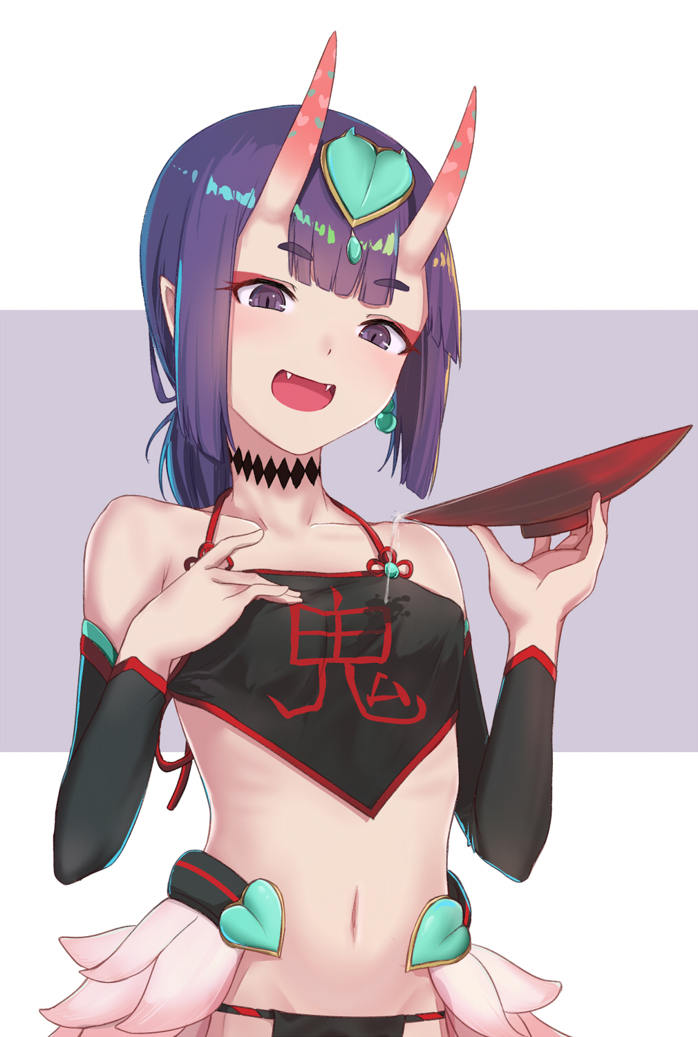 :d bangs bare_shoulders breasts collarbone commentary cup dudou earrings eyebrows_visible_through_hair fangs fate/grand_order fate_(series) flower_knot head_tilt headpiece heart highres holding horns itachi_kanade jewelry long_hair navel oni oni_horns open_mouth pointy_ears purple_background purple_eyes purple_hair sakazuki shuten_douji_(fate/grand_order) shuten_douji_(halloween)_(fate) small_breasts smile solo thick_eyebrows two-tone_background white_background