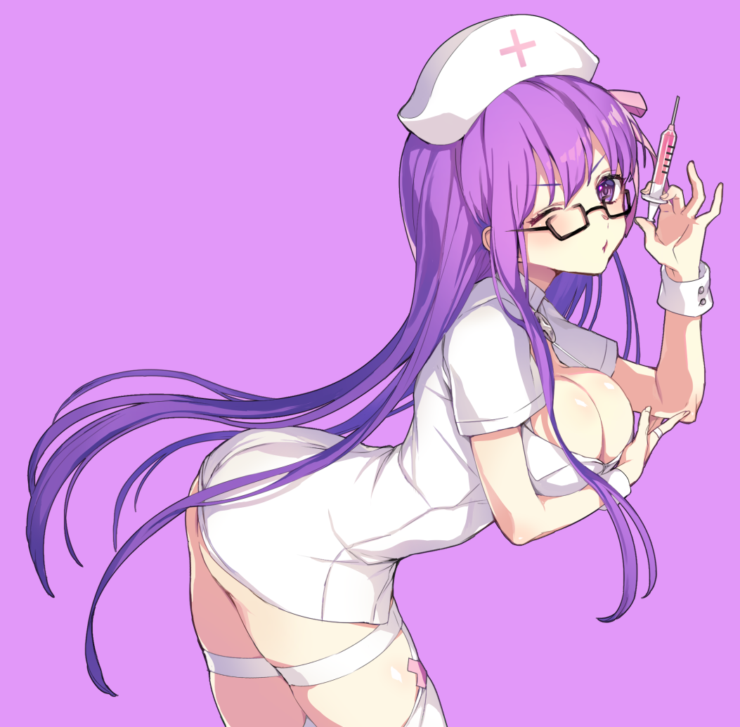 ass bangs bb_(fate)_(all) bb_(fate/extra_ccc) blush breast_hold breasts cleavage collarbone commentary_request dress fate/extra fate/extra_ccc fate_(series) garter_straps glasses hair_between_eyes hair_ribbon hat hips large_breasts leaning_forward long_hair looking_at_viewer nurse nurse_cap one_eye_closed open_mouth pink_ribbon purple_background purple_eyes purple_hair ribbon short_dress simple_background solo syringe thighhighs thighs vivivivi white_dress white_legwear wrist_cuffs