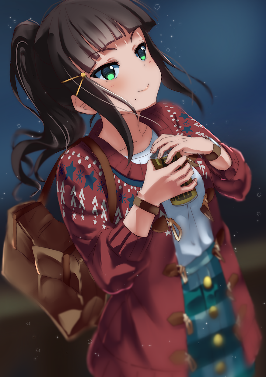 ajapar alternate_hairstyle bag bangs black_hair blunt_bangs blurry bracelet can cardigan collarbone commentary_request green_eyes hair_ornament hairclip handbag highres holding holding_can jewelry kurosawa_dia long_sleeves love_live! love_live!_school_idol_festival love_live!_sunshine!! mole mole_under_mouth night plaid plaid_skirt ponytail red_cardigan shirt sidelocks skirt smile solo sparkle watch white_shirt winter_clothes wristwatch