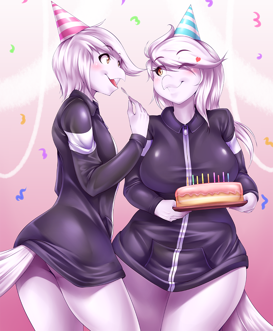 2018 alfa_(alfa995) anthro avian birthday_cake bottomless breasts butt cake clothed clothing digital_media_(artwork) duo female food hair hat long_hair male mleonheart one_eye_closed party_hat short_hair smile white_hair wink yellow_eyes