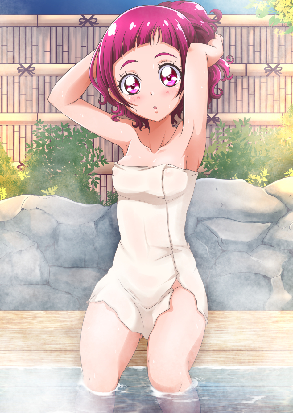 armpits arms_up bangs blunt_bangs blush breasts collarbone hands_in_hair hanzou highres hugtto!_precure looking_at_viewer naked_towel nono_hana onsen open_mouth outdoors ponytail precure red_eyes red_hair shiny shiny_hair shiny_skin sitting small_breasts soaking_feet solo tied_hair towel water white_towel