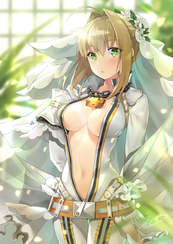 bangs belt belt_buckle blonde_hair blurry blurry_background blurry_foreground blush bodysuit breasts brown_belt buckle center_opening chain cleavage commentary_request day depth_of_field eyebrows_visible_through_hair fate/extra fate/extra_ccc fate_(series) flower full-length_zipper gloves green_eyes hair_between_eyes hair_bun kagachi_saku lock long_sleeves medium_breasts navel nero_claudius_(bride)_(fate) nero_claudius_(fate)_(all) padlock parted_lips see-through sidelocks signature solo sunlight unzipped veil white_bodysuit white_flower white_gloves window zipper