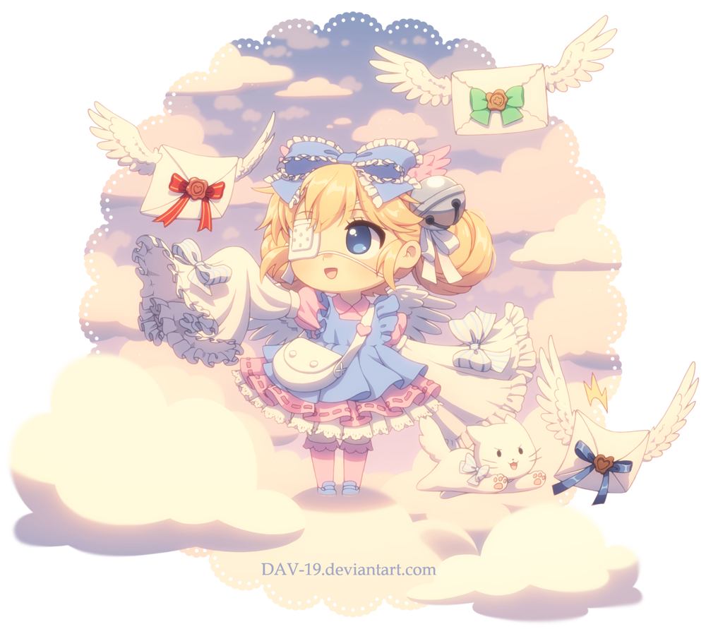 1girl :d animal artist_name bag bell bird_wings blonde_hair blue_bow blue_eyes blue_footwear borrowed_character bow cat chibi cloud commentary commission cutesu_(cutesuu) dav-19 double_bun dress english_commentary envelope eyepatch frilled_bow frilled_dress frilled_sleeves frills full_body hair_bow heart jingle_bell kneehighs layered_dress letter lolita_fashion long_sleeves looking_away medical_eyepatch open_mouth original pink_legwear sky sleeves_past_wrists smile solo standing striped striped_bow transparent_background watermark web_address white_cat white_wings wide_sleeves wings