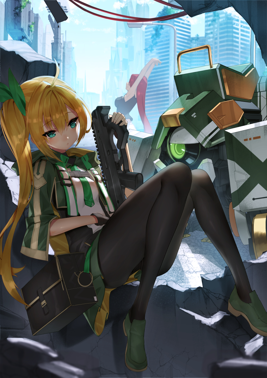 ahoge arms_up ass bag bangs bare_arms bare_shoulders black_gloves black_legwear black_shirt blonde_hair blush breasts building capelet commentary_request eyebrows_visible_through_hair fingerless_gloves gloves green_capelet green_eyes green_footwear green_neckwear green_ribbon green_skirt gun hair_between_eyes hair_ribbon highres holding holding_gun holding_weapon hood hooded_capelet knees_up large_breasts long_hair medium_breasts multiple_girls necktie original pantyhose red_hair ribbon rifle robot shirt shoes side_ponytail sitting skirt sleeveless sleeveless_shirt stretch sukocchi thighs very_long_hair weapon