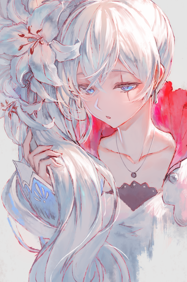 :o blue_eyes collarbone commentary earrings english_commentary flower hair_flower hair_ornament half-closed_eyes highres holding holding_hair izumi_sai jewelry long_hair long_sleeves looking_at_viewer necklace parted_lips rwby scar scar_across_eye sidelocks upper_body weiss_schnee white_flower white_hair