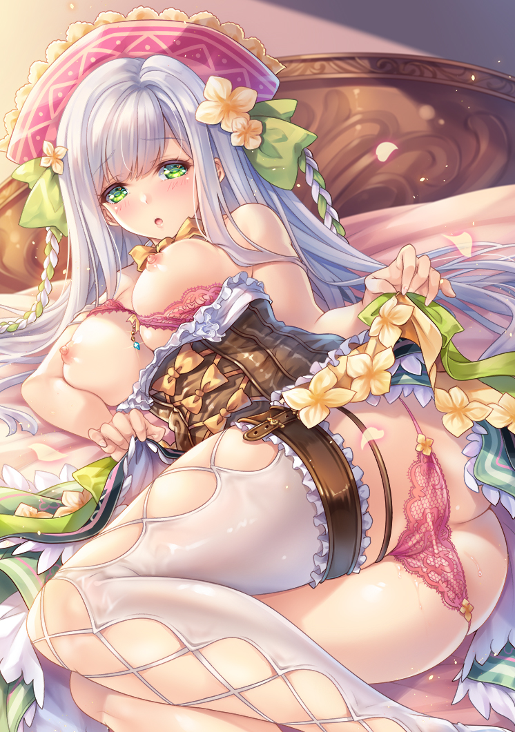 ass bed bed_sheet between_breasts blush bow bra braid breast_press breasts buckle chain cleavage come_hither corset diera_(sennen_sensou_aigis) flower flower_ornament garter_belt garter_straps gem gold_chain green_eyes green_ribbon green_skirt hair_bow hair_flower hair_ornament hat headboard jewelry lace lace_bra lace_panties large_breasts lifted_by_self lingerie long_hair looking_at_viewer lying makirin necklace nipples on_side open_mouth panties petals pink_bra pink_panties presenting pussy ribbon sennen_sensou_aigis shadow sheer_panties skirt skirt_lift solo sunset thighhighs underwear undressing very_long_hair white_hair yellow_flower yellow_ribbon