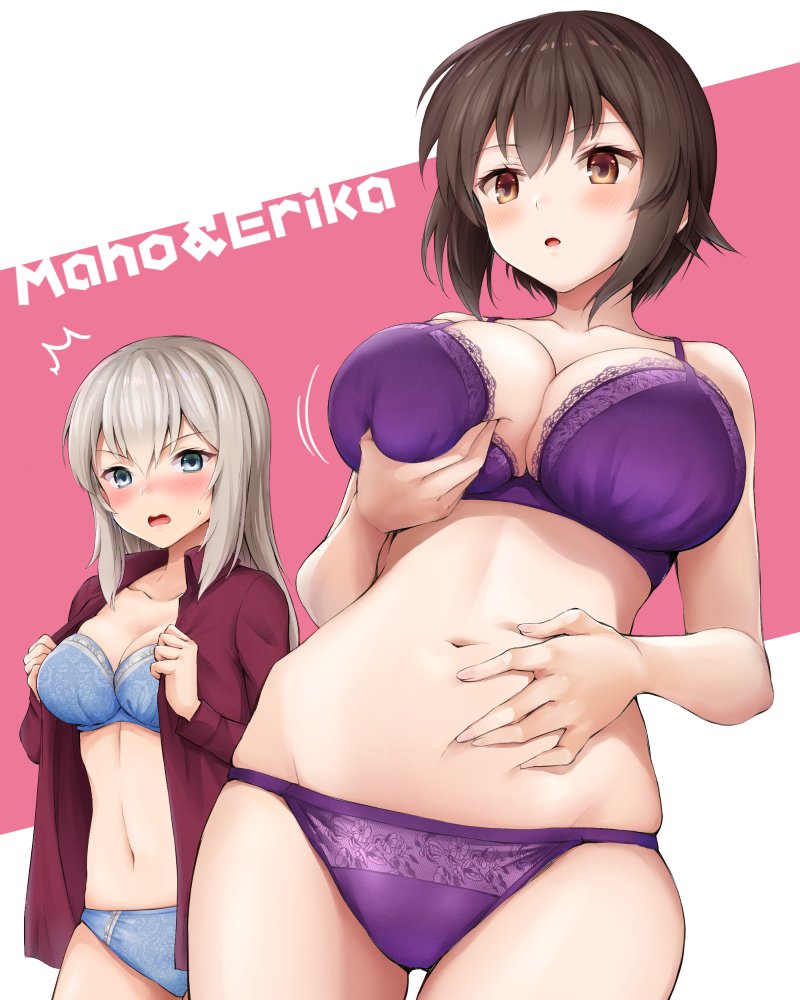 2girls belly_grab blue_bra blue_eyes blue_panties blush bra breasts brown_eyes brown_hair chacharan character_name cleavage commentary_request cowboy_shot girls_und_panzer grey_hair itsumi_erika large_breasts long_hair multiple_girls navel nishizumi_maho open_clothes open_shirt panties parted_lips purple_bra purple_panties self_fondle short_hair sidelocks sweatdrop underwear underwear_only