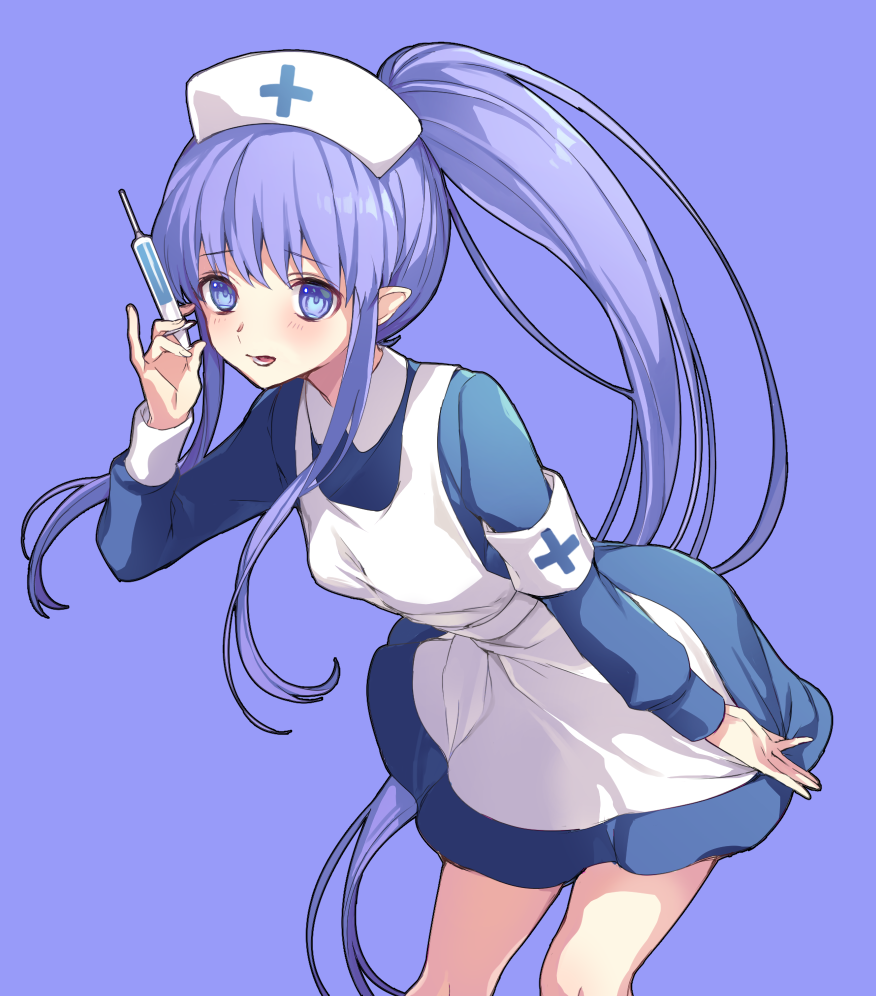 apron armband bangs blue_background blue_dress blue_eyes blue_hair blush breasts caster_lily collarbone commentary_request dress fate/grand_order fate_(series) hair_between_eyes hat large_breasts leaning_forward long_hair looking_at_viewer nurse nurse_cap open_mouth pointy_ears ponytail sidelocks simple_background small_breasts solo syringe thighs very_long_hair vivivivi