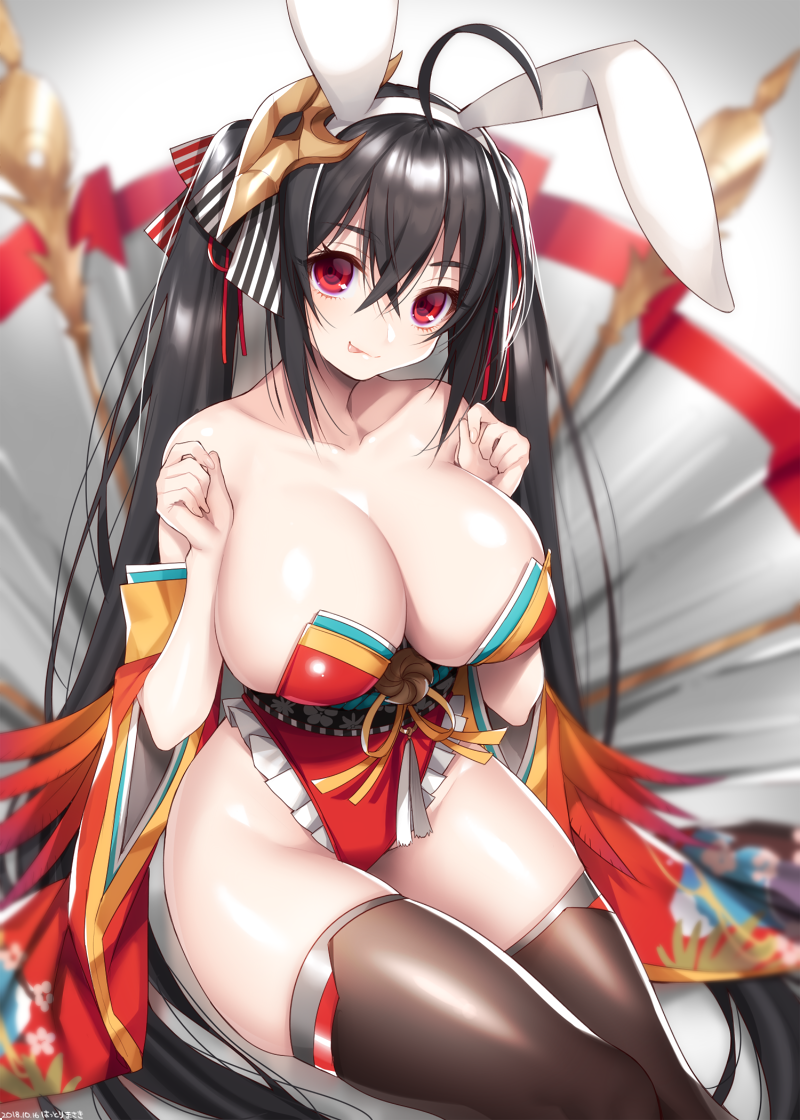:p animal_ears azur_lane bare_shoulders black_hair black_legwear blush breasts bunny_ears cleavage clenched_hands collarbone hair_ribbon hands_up hattori_masaki huge_breasts japanese_clothes kimono long_hair looking_at_viewer red_eyes red_kimono ribbon smile solo taihou_(azur_lane) thighhighs tongue tongue_out twintails