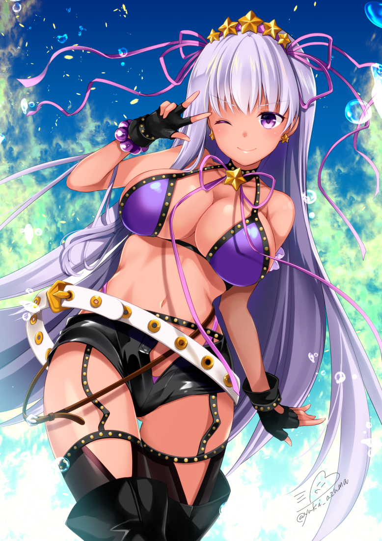 ;) ass_visible_through_thighs azuma_yuki bangs bare_shoulders bb_(fate)_(all) bb_(swimsuit_mooncancer)_(fate) belt belt_buckle bikini black_gloves black_legwear black_shorts blue_sky blush breasts buckle cleavage closed_mouth cloud cloudy_sky collarbone day earrings eyebrows_visible_through_hair fate/grand_order fate_(series) fingerless_gloves gloves hair_between_eyes jewelry large_breasts long_hair navel one_eye_closed open_clothes open_fly open_shorts outdoors purple_bikini purple_eyes purple_hair short_shorts shorts signature sky smile solo star star_earrings swimsuit tan thighhighs twitter_username v-shaped_eyebrows v_over_eye very_long_hair white_belt
