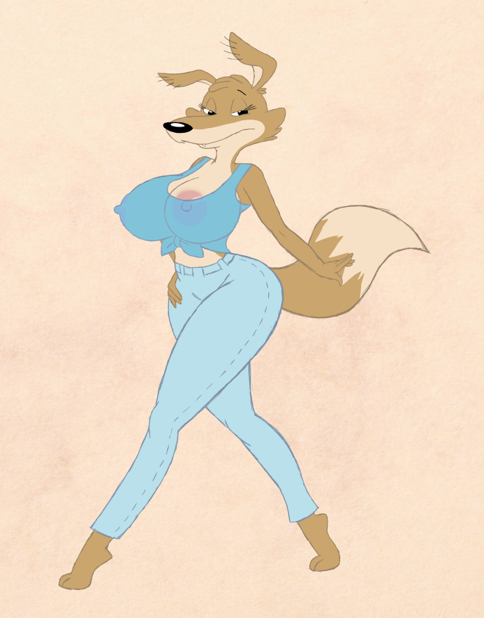 anthro areola big_breasts blinky_bill_(series) breasts canine clothing cocaine-leopard crop_top daisy_dingo dingo female jeans mammal pants see_through_top shirt solo translucent walking