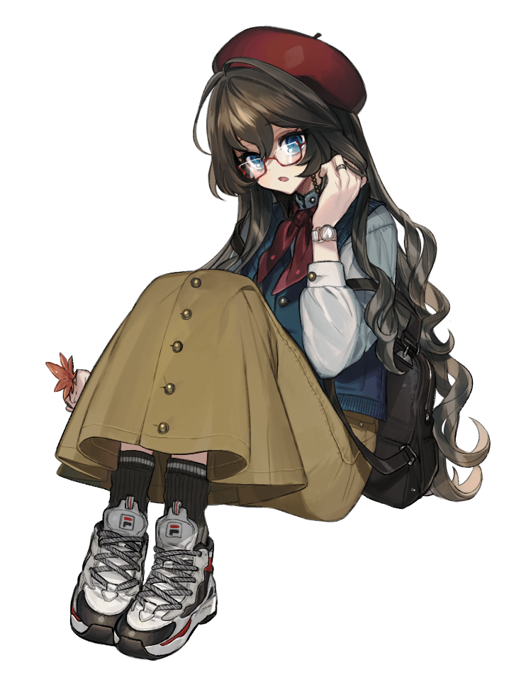 :o adjusting_hair autumn_leaves backpack bag bangs beret blue_eyes blue_vest brown_hair brown_skirt casual commentary eyebrows_visible_through_hair full_body glasses hair_between_eyes hand_in_pocket hat holding holding_leaf jewelry knees_up leaf long_hair long_skirt long_sleeves looking_at_viewer lunch_(lunchicken) neck_ribbon open_mouth original red-framed_eyewear red_neckwear red_ribbon ribbon ring semi-rimless_eyewear shirt shoes simple_background sitting skirt sneakers socks solo under-rim_eyewear very_long_hair vest watch wavy_hair white_background white_shirt wristwatch