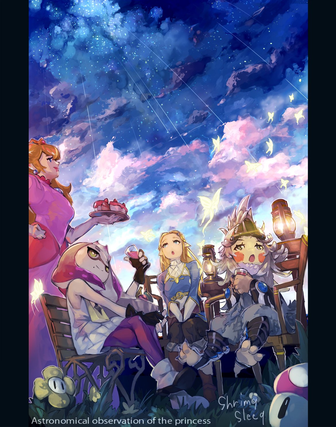 4girls blonde_hair cephalopod_eyes claws crop_top crown domino_mask dress earrings feather_hair feathers fur_collar gem goggles goggles_on_head gown green_eyes highres hime_(splatoon) ibuki_(xenoblade) jewelry long_hair mario_(series) mask mole mole_under_mouth monster_girl multiple_girls navel_piercing night octarian piercing pink_pupils pointy_ears princess_peach princess_zelda short_hair shrimqsleeq sky splatoon_(series) splatoon_2 star_(sky) starry_sky super_mario_bros. talons tea tentacle_hair the_legend_of_zelda the_legend_of_zelda:_breath_of_the_wild tiara xenoblade_(series) xenoblade_2 zipper zipper_pull_tab