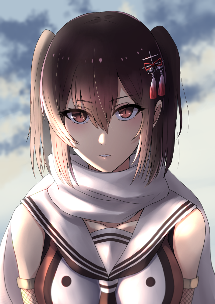 banned_artist brown_hair cloud cloudy_sky collarbone detached_sleeves eyebrows_visible_through_hair fishnets hair_between_eyes hair_ornament itsuwa_(continue) kantai_collection looking_at_viewer outdoors parted_lips red_eyes sailor_collar scarf sendai_(kantai_collection) shirt short_hair sky sleeveless sleeveless_shirt slit_pupils solo two_side_up upper_body white_scarf