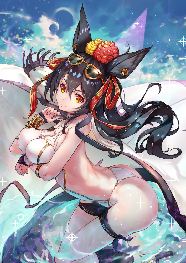 animal_ears ass backless_outfit bangs bare_shoulders black_hair blush breast_hold breasts cleavage collarbone commentary_request erune eyebrows_visible_through_hair eyewear_on_head flower granblue_fantasy hair_between_eyes hair_flower hair_ornament halterneck high_heels ilsa_(granblue_fantasy) kawahara_ryuuta large_breasts long_hair looking_at_viewer red_eyes shiny shiny_skin smile solo sunglasses swimsuit thigh_strap thighs wading water white_swimsuit