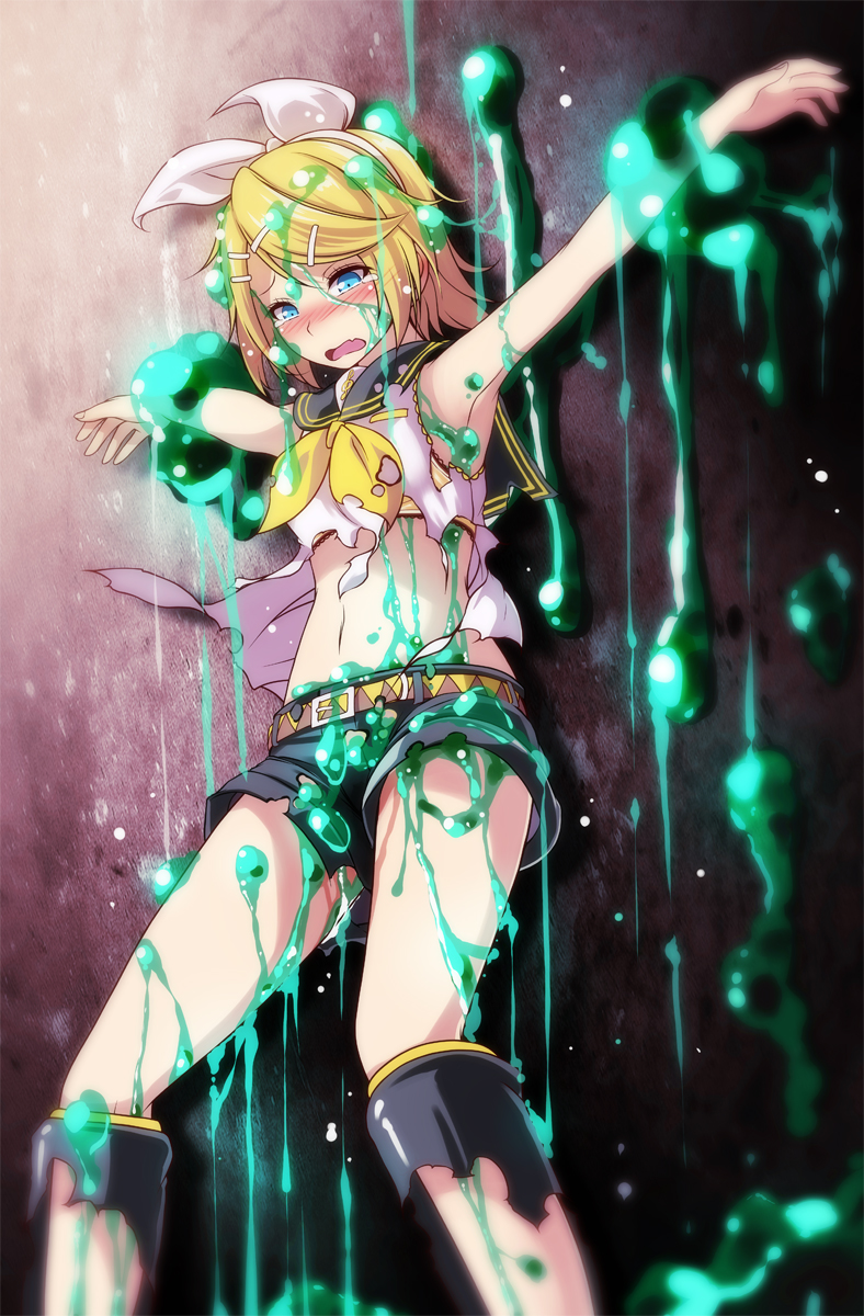 against_wall armpits bad_id bad_pixiv_id bangs belt black_footwear black_shorts blonde_hair blue_eyes blush boots bow bra dissolving_clothes hair_bow hair_ornament hairband hairclip highres kagamine_rin knee_boots midriff navel neckerchief open_mouth outstretched_arms parted_bangs restrained sailor_collar shirt short_hair short_shorts shorts sleeveless sleeveless_shirt slime solo stomach suggestive_fluid torn_boots torn_clothes torn_neckerchief torn_shirt torn_shorts tsukishiro_saika underwear vocaloid white_bow white_hairband white_shirt yellow_bra yellow_neckwear