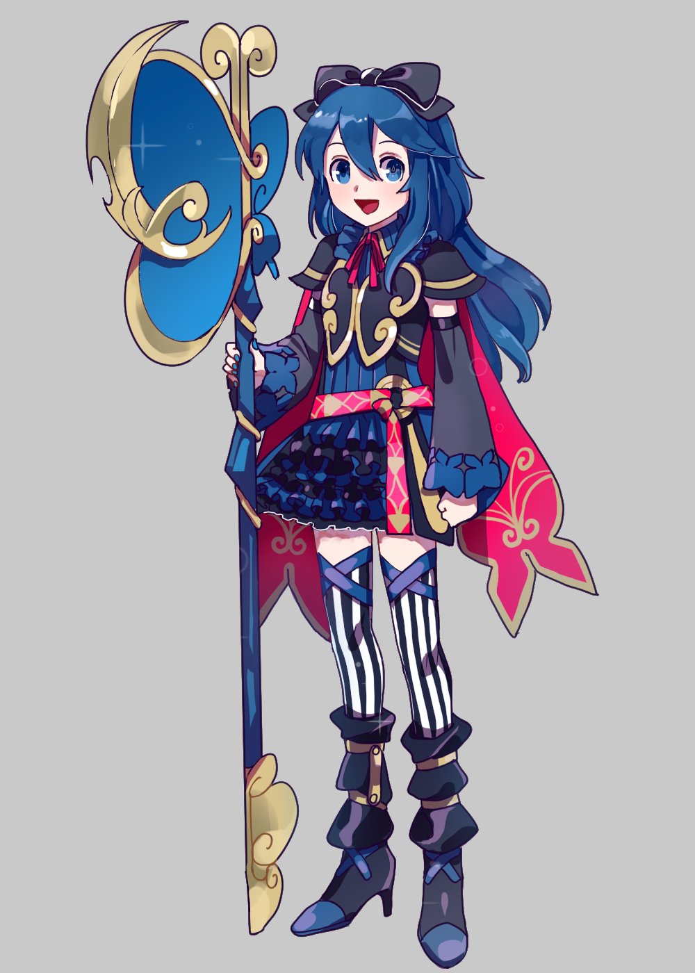 ararecoa blue_eyes blue_hair cape dress fingerless_gloves fire_emblem fire_emblem:_kakusei gloves highres long_hair looking_at_viewer lucina open_mouth simple_background smile solo staff tiara weapon younger