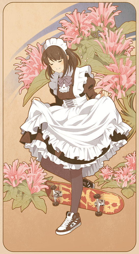 apron bow brown_hair closed_eyes commentary curtsey flower flower_request maid maid_apron maid_headdress original pantyhose shoes short_hair skateboard sneakers solo suzushiro_(suzushiro333)