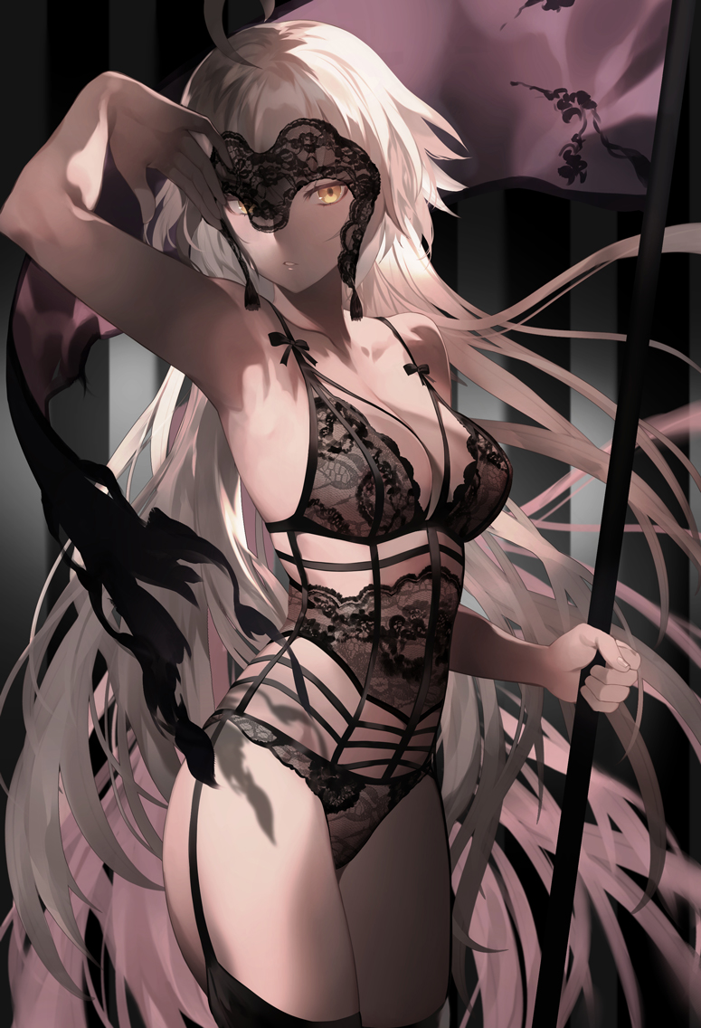 ahoge armpits bangs banner breasts collarbone commentary_request cowboy_shot eyebrows_visible_through_hair fate/grand_order fate_(series) flag garter_straps hair_between_eyes hand_up headpiece holding holding_flag jeanne_d'arc_(alter)_(fate) jeanne_d'arc_(fate)_(all) lace large_breasts lingerie long_hair looking_at_viewer medium_breasts open_mouth salmon88 shade sidelocks silver_hair solo thighhighs underwear underwear_only very_long_hair yellow_eyes