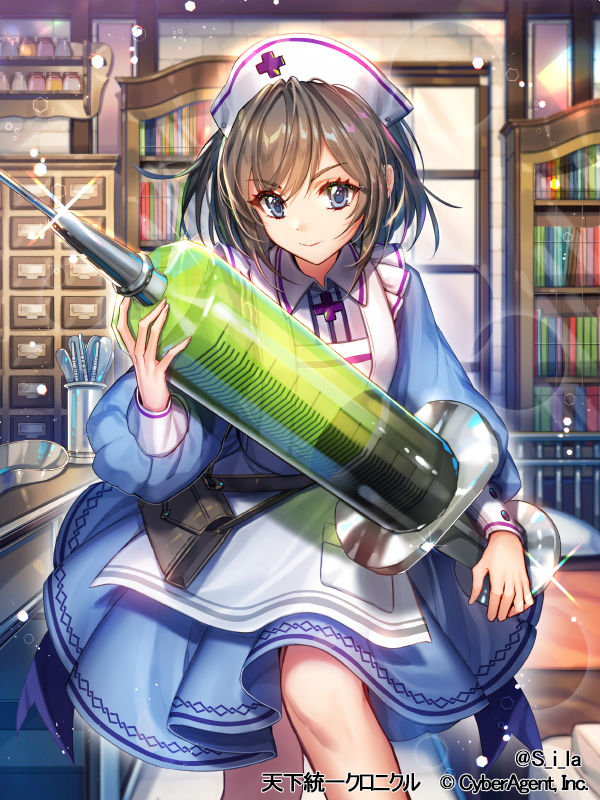 apron blue_eyes blue_skirt bookshelf brown_hair cabinet commentary_request company_name glint hat indoors interitio long_sleeves looking_at_viewer nurse nurse_cap official_art oversized_object skirt smile standing syringe tenka_touitsu_chronicle