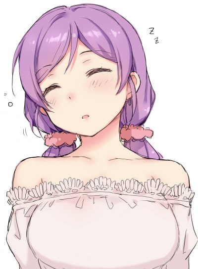 ^_^ bare_shoulders blush closed_eyes collarbone deyuuku eyebrows_visible_through_hair grey_shirt hair_ornament hair_scrunchie long_hair love_live! love_live!_school_idol_project off-shoulder_shirt parted_lips pink_scrunchie purple_hair scrunchie shirt simple_background sleeping solo toujou_nozomi twintails upper_body white_background zzz