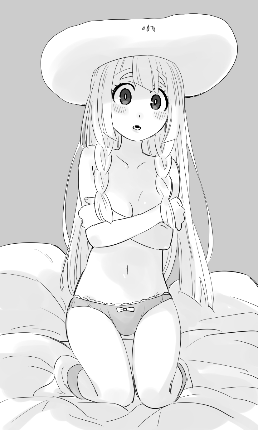amagaeru_(amapippi052525) bed blush bow bow_panties braid breasts cleavage collarbone covering covering_breasts crossed_arms greyscale hat highres kneeling lillie_(pokemon) long_hair monochrome navel panties parted_lips pokemon pokemon_(game) pokemon_sm round_teeth small_breasts solo sun_hat teeth twin_braids underwear underwear_only