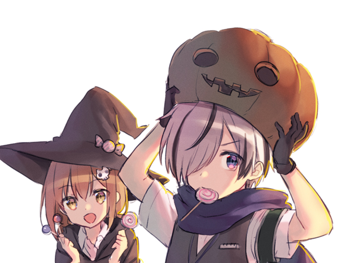 arms_up bangs black_gloves black_jacket brown_hat candy collared_shirt commentary_request eyebrows_visible_through_hair food food_in_mouth gloves hair_between_eyes hair_over_one_eye hat holding holding_food holding_lollipop jack-o'-lantern jacket lollipop midorikawa_you mouth_hold multiple_girls original pumpkin_hat purple_eyes purple_hair shirt short_sleeves simple_background sweater_vest swirl_lollipop upper_body v-shaped_eyebrows white_background white_shirt witch_hat